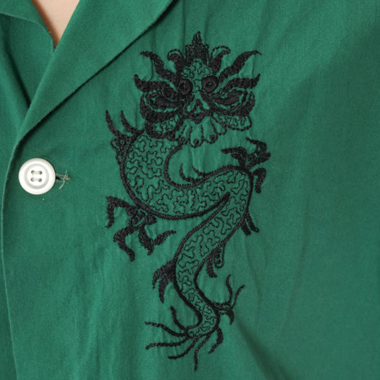 70s Dragon Embroidered Green Cotton Button Up Blouse Black Long Sleeve Large