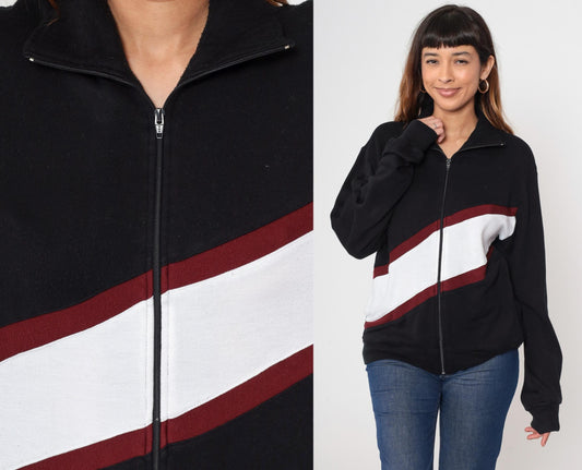 80s Track and Court Jacket Black Red White Color Block Zip Mock Neck Medium