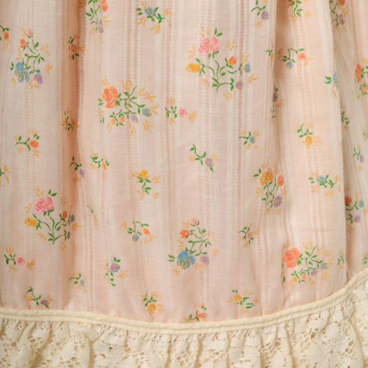 70s Pink Floral Mini Skirt Lace Hem Elastic Waist Extra Small