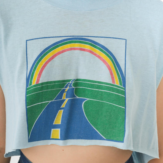 90s Oneita Rainbow Road Crop Top Blue Graphic Sleeveless Tee Large L