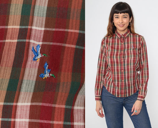 80s Plaid Button Down Shirt Red Green Embroidered Duck Cotton Small