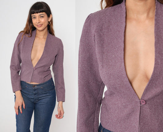 80s Mauve Cropped Blazer Plunge Neckline Padded Shoulders Small S