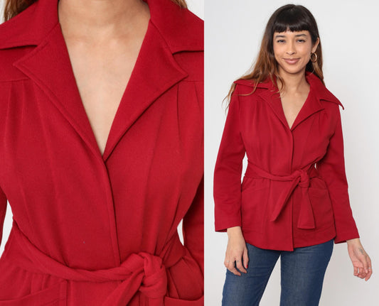 70s Red Wrap Jacket Belted Waist Wide Lapel Deep V Neck Medium