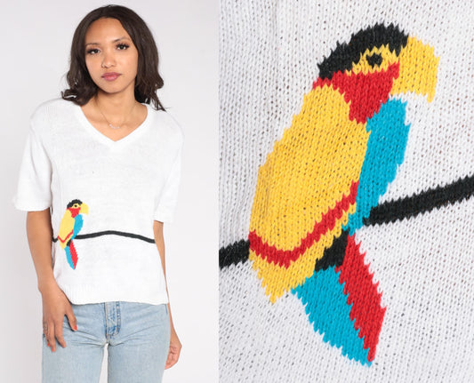 80s Country Suburbans Parrot Sweater White V-Neck Knit Extra Large XL