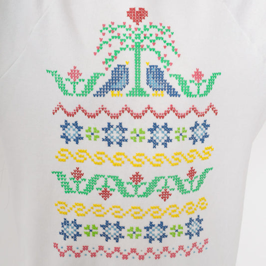 90s Jerzees Birds Floral Cross Stitch Graphic Sweatshirt White Crewneck Large L