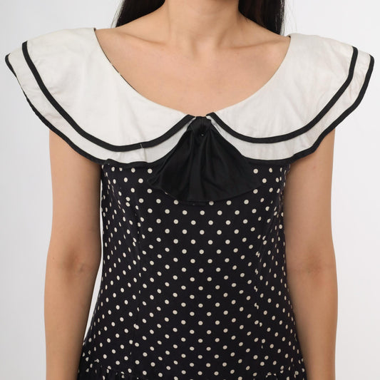 80s Lanz Originals Black White Polka Dot Midi Dress Peter Pan Collar Small