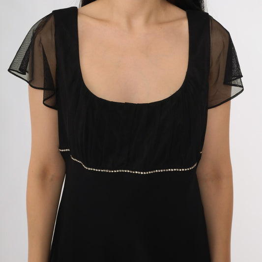 Y2K Black Party Dress Square Neck Rhinestone Waist Mesh Overlay Midi 12 Petite