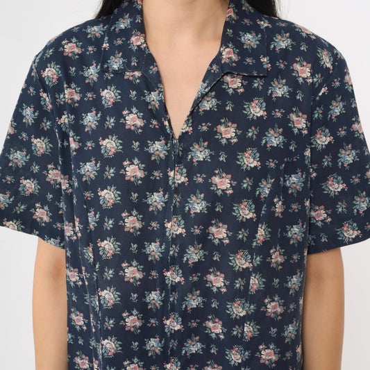 80s Navy Floral Day Dress Collared Short Sleeve Midi Cottagecore Large