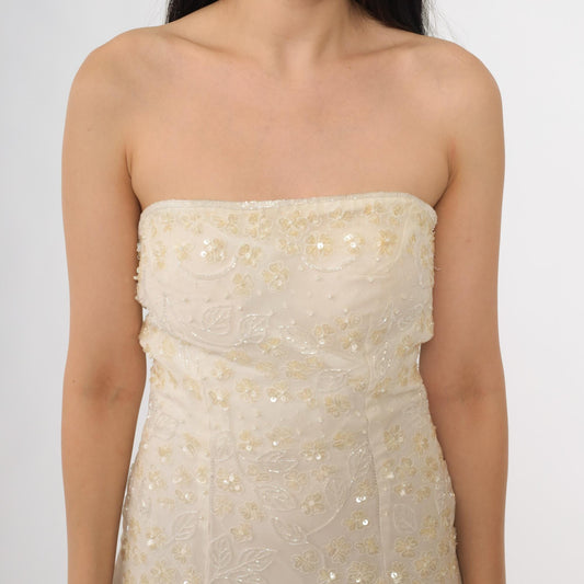 Y2K Cache Silk Strapless Maxi Gown Cream Floral Beaded Sequin Extra Small XS