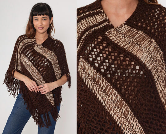 1970s Brown Crochet Poncho Fringe Geometric Stripe Knit Small Medium