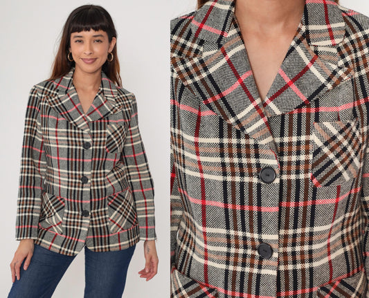 1970s Plaid Blazer Tartan Brown Red Cream Black Button Front Medium M
