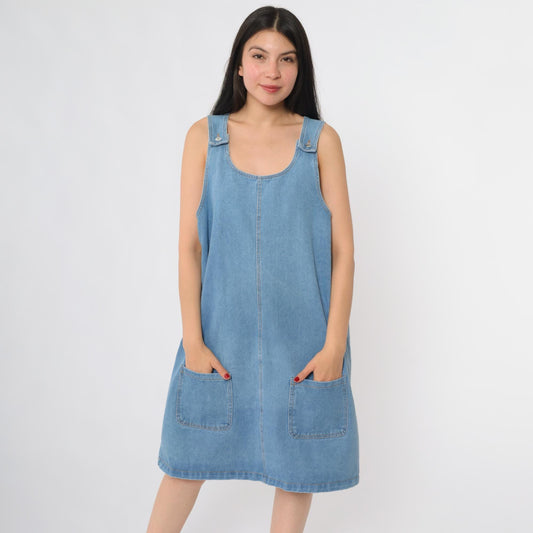 90s Light Blue Denim Jumper Dress A-Line Sleeveless Medium Large