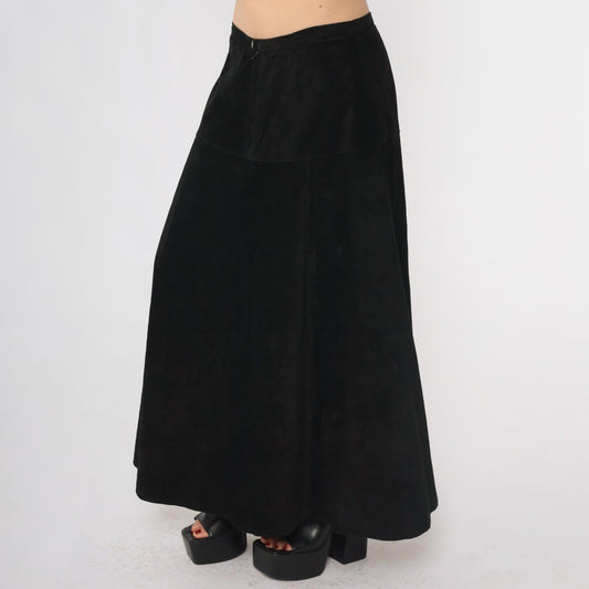 90s Marlynn Traditions Black Leather Maxi Skirt A-Line Large L