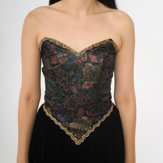 80s Zum Zum Black Mini Dress Brocade Bodice Gold Trim Sweetheart Small
