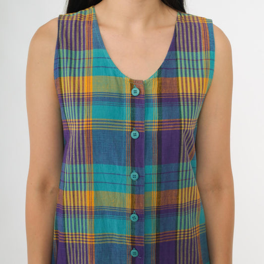 90s Honors Apparel Plaid Midi Dress Teal Purple Yellow Button Front Medium