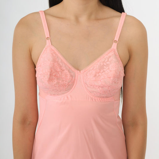 70s Coral Pink Slip Dress Lace Bust V-Neck Spaghetti Straps Mini Small