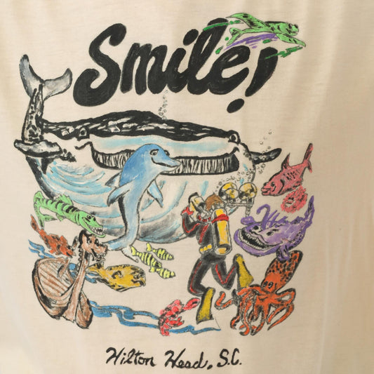 80s Hilton Head Scuba Diving T-Shirt Xpres Knits Cream Graphic Large