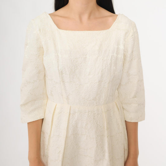 60s Cream Lace Midi Dress Square Neckline Embroidered Small