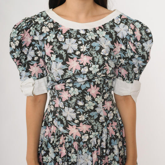 80s All That Jazz Floral Sundress Puff Sleeve Back Tie Cotton Medium