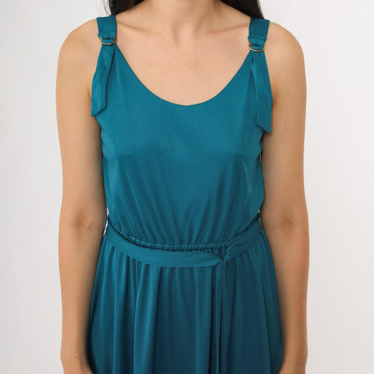 70s Lanz Teal Midi Dress Sleeveless A-Line Belted Small