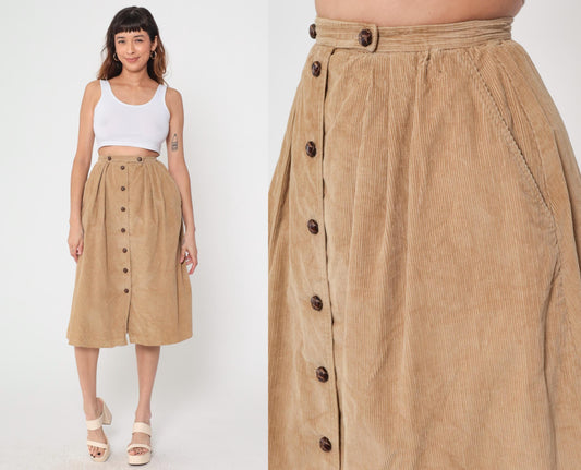 1970s Tan Corduroy Button-Front Midi Skirt High Waist A-Line Pleated Small