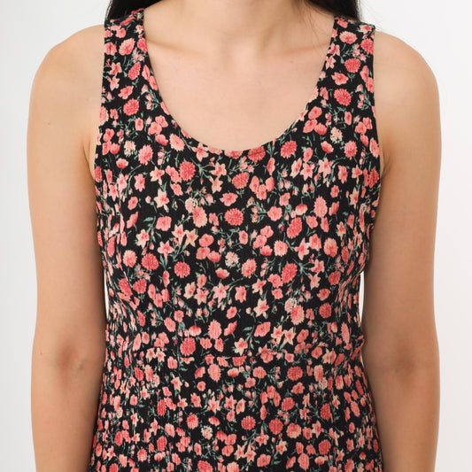 90s R&K Originals Cherry Blossom Floral Midi Dress Black Pink Medium M