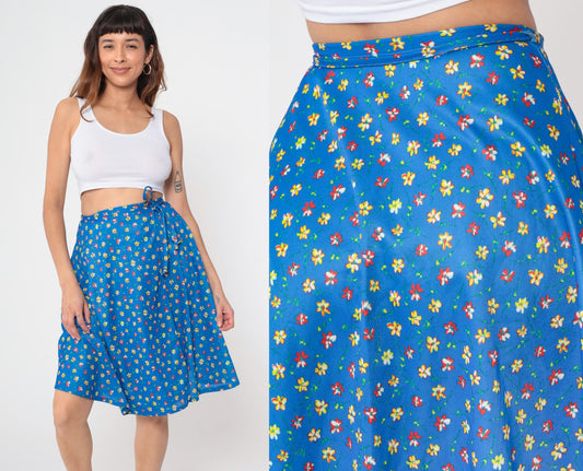 70s JC Penney Blue Floral Wrap Skirt Tie Waist Ditsy Print Small Medium