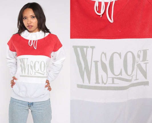 90s Wisconsin Colorblock Sweatshirt Red White Mock Turtleneck Medium