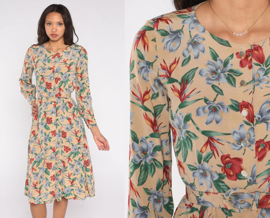 90s Liz Claiborne Floral Midi Dress Beige Rayon Button Front Belted Small