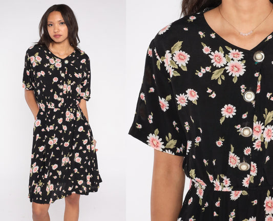 90s Esther Collection Black Daisy Floral Midi Dress Pink Print Small