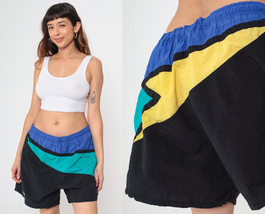 90s Speedo Colorblock Swim Trunks Black Yellow Blue Green Nylon Large L