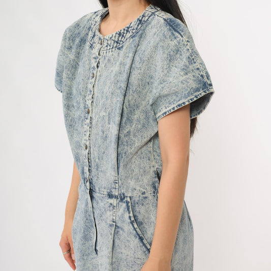 90s Acid Wash Denim Midi Dress Button Front Utility Pockets Cotton Large L