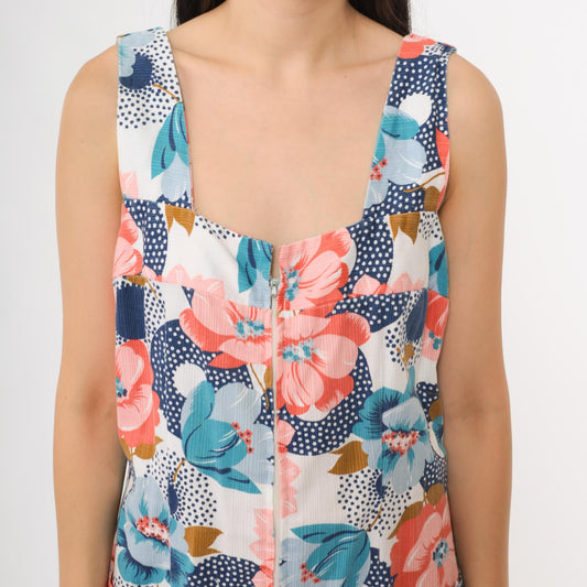 70s Floral Day Dress Sleeveless Scoop Neck Front Zip Midi Pink Blue Orange Green Medium