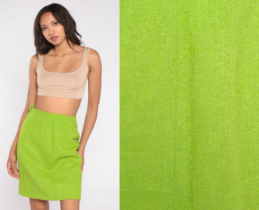 60s Lime Green Wool Blend Skirt High Waist Knee Length Sheath Small