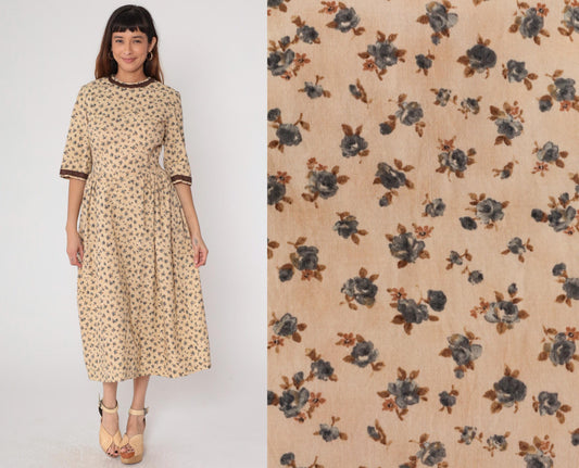 70s Calico Prairie Dress Tan Blue Floral Cotton Midi Medium M