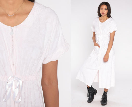 90s Eileen West Blush Pink Cotton Midi Dress Small Pockets