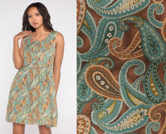 90s Paisley Mini Dress Brown Teal Gold Button Front Scoop Neck Medium M