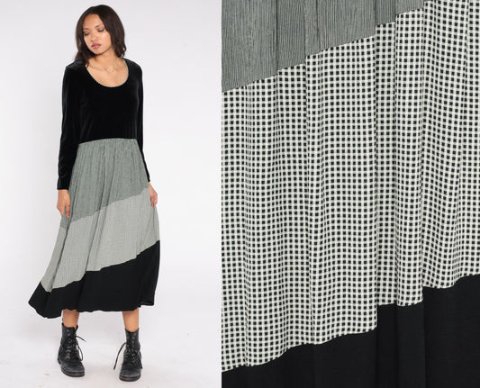 90s Jeffrey & Dara Velvet Gingham Midi Dress Black Green Pleated Long Sleeve Medium