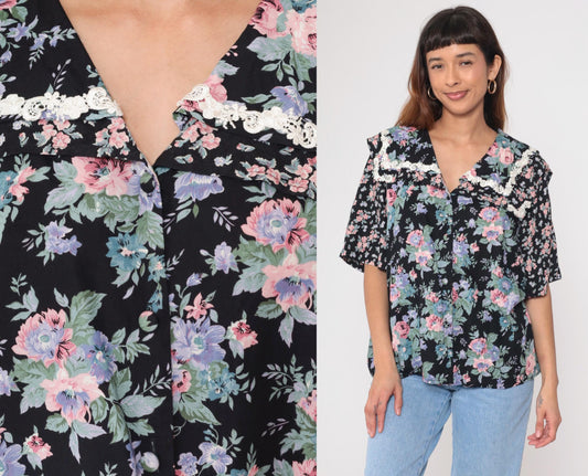 90s Liz Baker Floral Button Up Blouse Black Rayon Pink Purple Flowers Lace Collar Plus Size 20