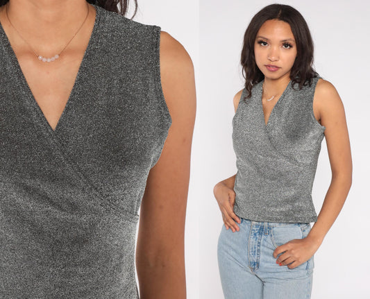90s Jaipur Metallic Silver Wrap Tank Top Sparkle Lurex Large L