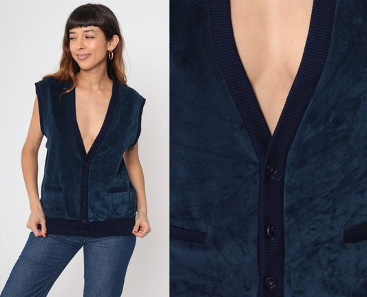 80s Navy Velvet Button Front Vest Deep V-Neck Sleeveless Large L
