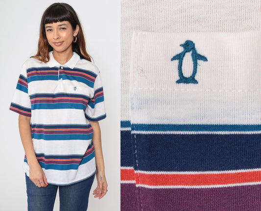 90s Penguin Club Striped Polo Shirt White Blue Purple Men's Large