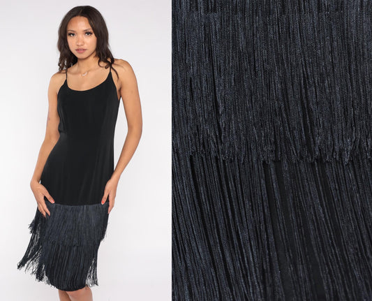 90s BB Collection Black Fringe Slip Dress Spaghetti Strap Cocktail Small