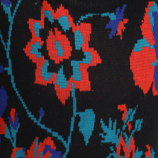 80s Adolfo Collectibles Floral Knit Sweater High Neck Black Red Blue Teal Medium M