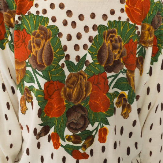 80s General Floral Knit Sweater Cream Rose Heart Print Polka Dot Large