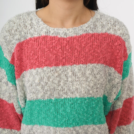 80s Striped Knit Sweater Pink Green Gray Crew Neck Short Sleeve Medium M