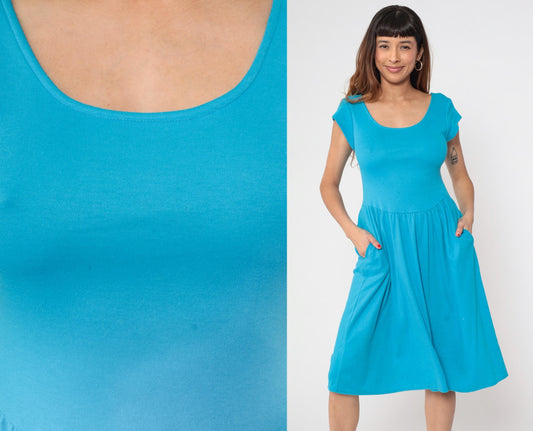 80s Byer Too Turquoise Midi Dress Fitted Bodice Cap Sleeve Small