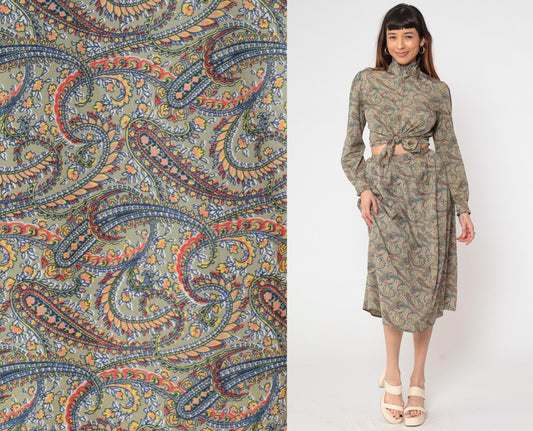 70s The Villager Paisley Two Piece Set Sage Green Blouse Midi Skirt Small