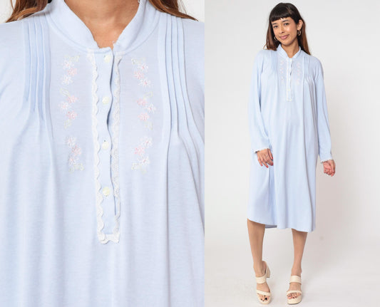 80s Vanity Fair Pastel Blue Nightgown Embroidered Floral Button Front Extra Large XL