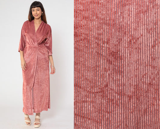 70s Dusty Rose Velour Maxi Robe Karessah Wrap Deep V Kimono Sleeve Small